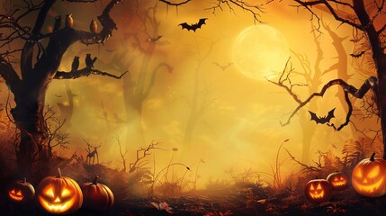 Halloween background with pumpkins, bats and trees on yellow background.