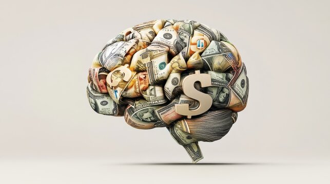 Creative concept of a brain made with money and a dollar sign, symbolizing the link between finance and intelligence.
