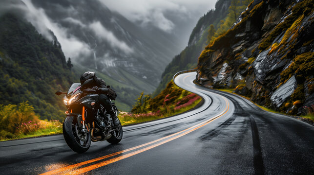Motorcycle on a Winding Mountain Road