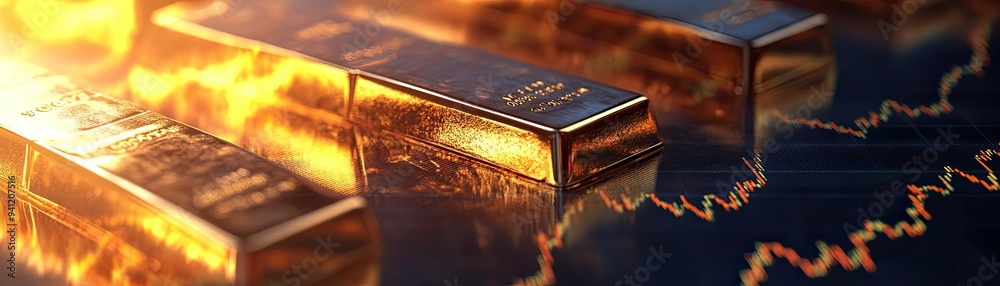 Poster close-up of shining gold bars on a financial graph reflecting the value of precious metals in invest
