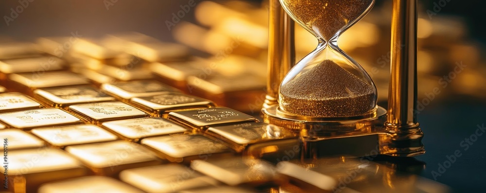 Poster a close-up of an hourglass on gold bars, symbolizing the passage of time and wealth. perfect for fin