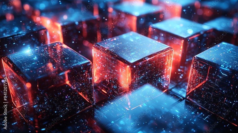 Poster The background is composed of transparent blue cubes arranged in a three-dimensional structure