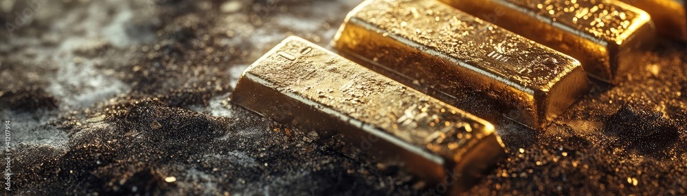 Poster Close-up of gleaming gold bars resting on a textured surface, showcasing their brilliance and value in a luxury concept.