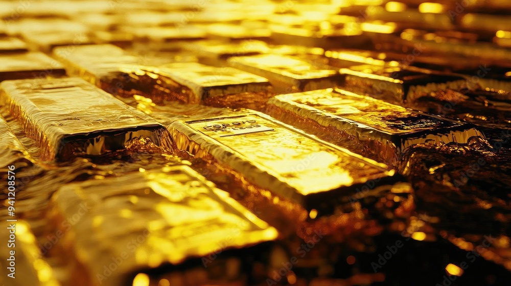 Poster Close-up view of shining gold bars arranged in a luxurious pattern, symbolizing wealth and opulence.