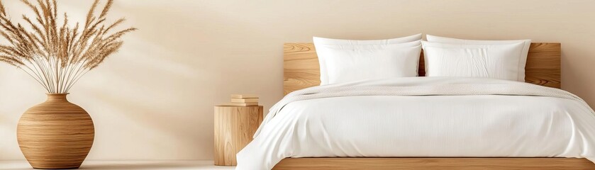 Obraz premium Scandinavian-style bedroom with oak bedframe, wooden nightstands, and soft linens in a cozy, harmonious setting