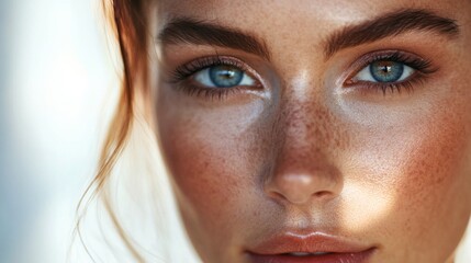 A close-up of a woman's radiant skin, with natural-looking makeup enhancing her features, captured in sharp focus.