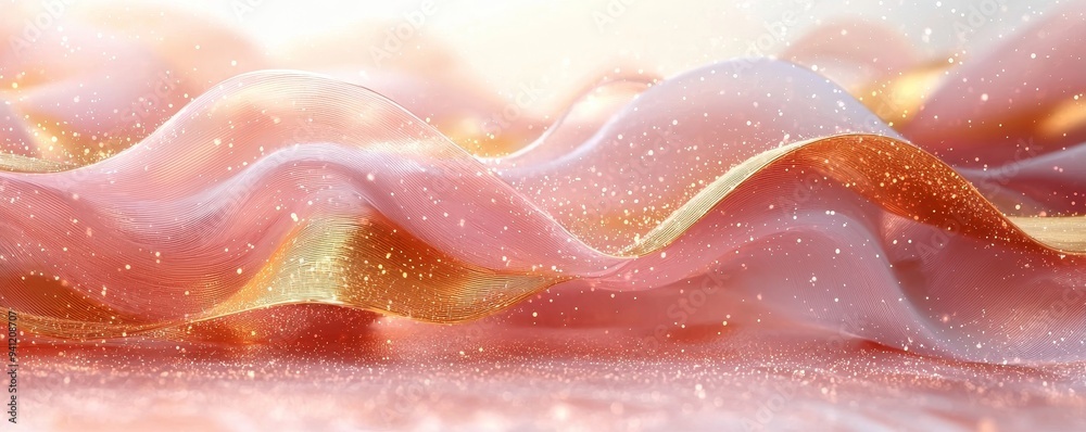 Poster the background is pink with wavy shapes and a gold line decorative design
