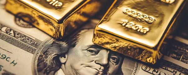 Close-up of gold bars resting on US dollar notes, symbolizing wealth and financial investment.