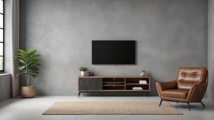 Modern Living Room with Flat Screen TV, Entertainment Console, and Leather Armchair