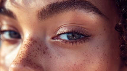 Fototapeta premium A close-up of a woman's radiant skin, with natural-looking makeup enhancing her features, captured in sharp focus.