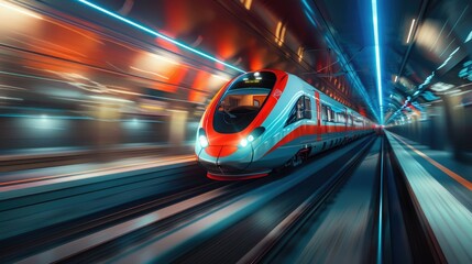 Obraz premium High-Speed Train Traveling Through a Tunnel with Neon Lights