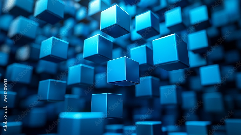 Poster An abstract image background appears to feature three-dimensional blue cubes floating in a blue void.
