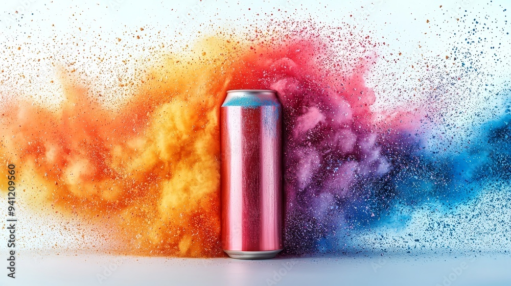 Fototapete a vibrant explosion of multicolored paint splatters around a metallic cylinder demonstrates a dynami