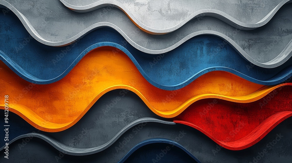 Poster an abstract wave pattern with vibrant orange, teal, and gray hues that creates a visually engaging t