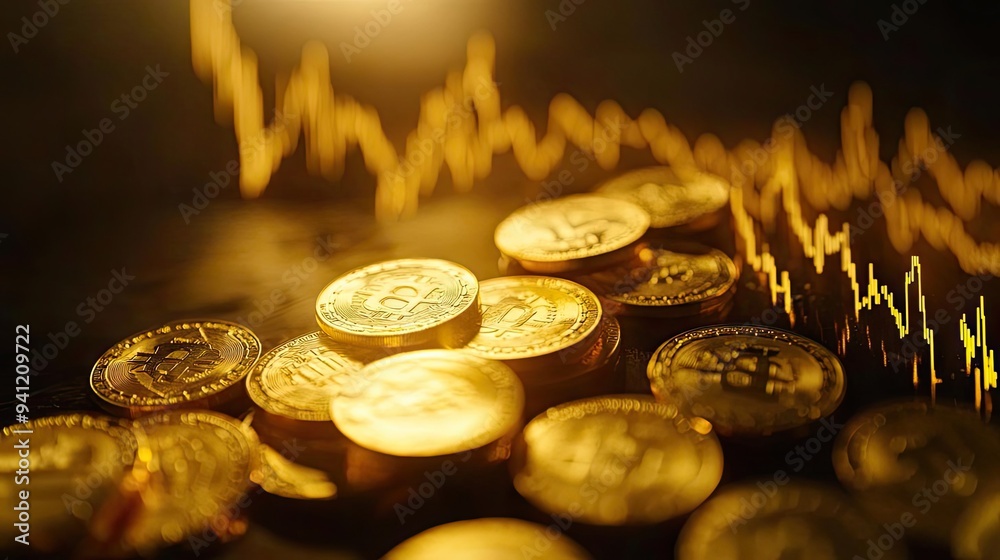 Poster close-up of shining coins on a dark surface, with dynamic market graphs in the background, represent