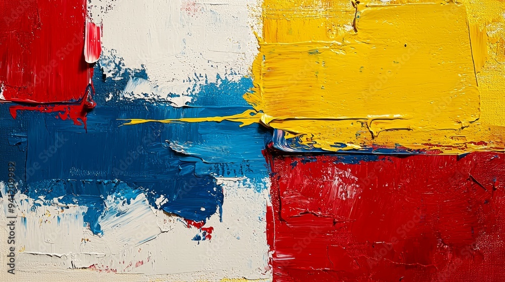 Poster bright colors and dynamic brushstrokes convey a sense of movement and energy in this abstract painti