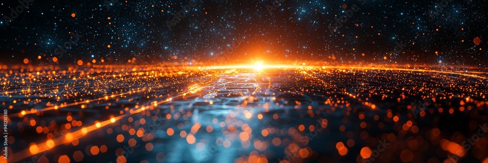Poster in a cosmic space background, a hyperspace vortex features dynamic light trails and vibrant colors.