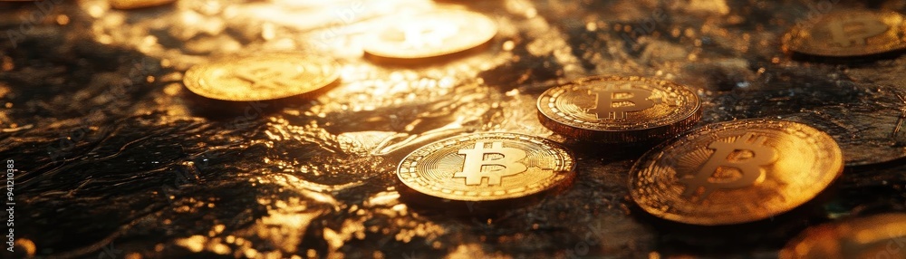 Poster a close-up view of shiny golden coins on a textured surface, reflecting light and creating a rich, v