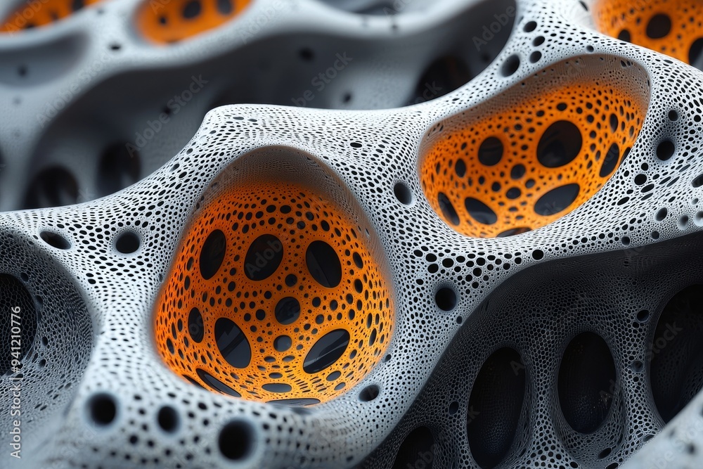 Poster a dynamic abstract design with perforated patterns, waves, and intricate textures is exhibited in th