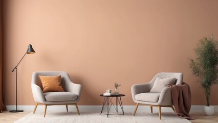 Fototapeta premium Two Armchairs Facing Each Other in a Living Room with a Coffee Table and a Plant