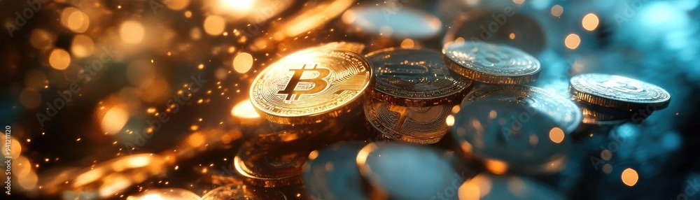 Poster illuminated digital coins scattered on a surface, symbolizing cryptocurrency investment and technolo