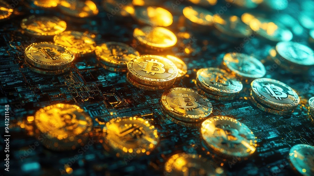 Poster a close-up view of shining cryptocurrency coins scattered on a digital surface, depicting wealth and