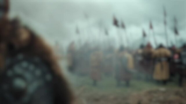 Viking warrior portrait with intense gaze, beard and braided hair wearing a fur cloak. Battle worn face with fierce expression, ready for combat, with an army of soldiers in the background