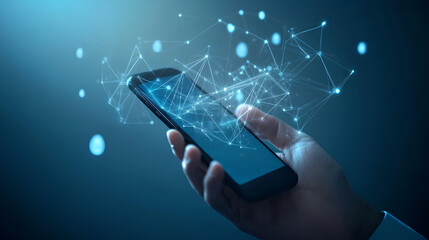 Businessman's hand using smartphone with network connection on blue background. Technology concept