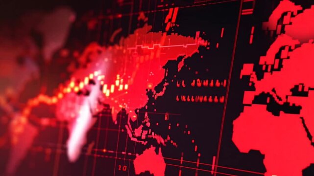 World map with glowing red data points and network connections. Digital visualization of global technology and information exchange on dark background for a crisis situation