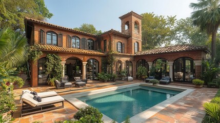 Fototapeta premium luxurious hamptons villa with mediterranean flair lush gardens and private beach access sundrenched terraces elegant architecture serene coastal views