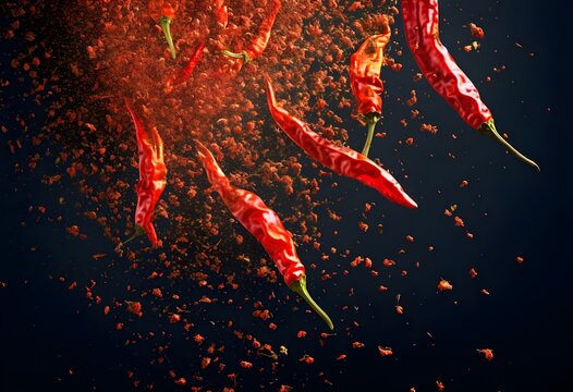 raw red chilly and powder burst isolated on black background, Red chili peppers exploding in the air, surrounded by spices and dust,.