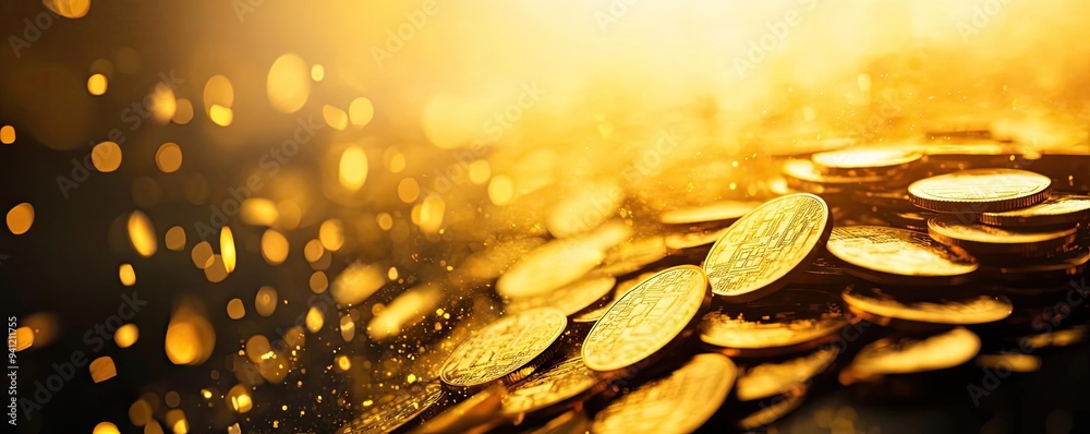 Aufkleber a close-up view of shimmering golden coins scattered, creating a luxurious and rich atmosphere with 