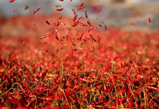 Freeze Motion Shot of Rotating Red Peppers, Red chili peppers exploding in the air, surrounded by spices and dust. The background is dark with smoke swirling around them. 