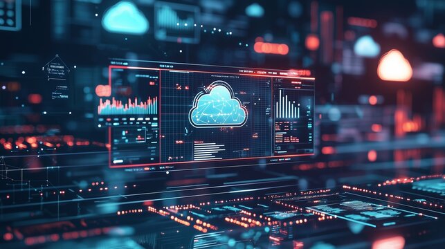 Digital interface with cloud icons and graphs representing cloud cost management and optimization.