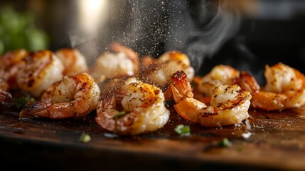 A close-up of grilled shrimp being served on a wooden board, with steam rising and a sprinkle of seasoning, highlighting the appetizing presentation.