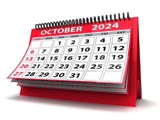 Desktop Calendar October 2024 isolated in white background, October 2024 Spiral Calendar can be used for Stationary, flyer, banner background. 3d render