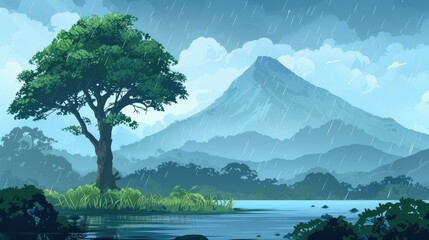 Rainy Day Landscape with Mountain and Lake