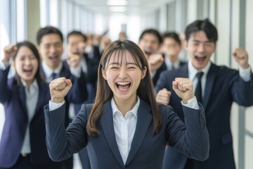 Obraz premium ガッツポーズをして喜ぶ日本人の会社員たち（プレゼン・成功・達成・合格・歓喜・嬉しい）