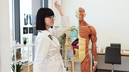 Dancing female doctor in white lab coat standing beside anatomy model in bright medical office setting. Doctor appears cheerful and enthusiastic, showcasing knowledge and positivity in healthcare.