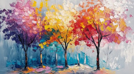 A colorful  knife oil painting  of a tree with multicolored leaves