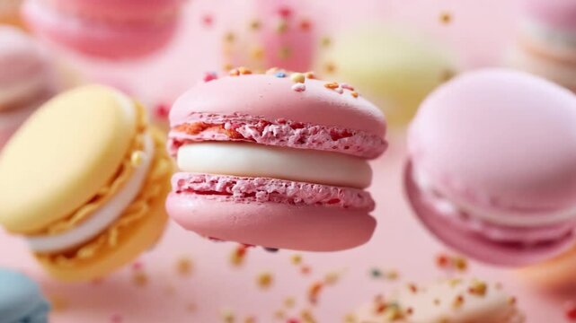 Colorful macarons floating against a soft pink background, sprinkled with confetti-like decorations