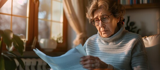 senior woman at home with invoice or pension document