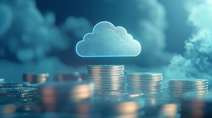 Stacks of coins with a cloud icon symbolize cloud financial planning, highlighting cost management and budgeting in cloud computing.