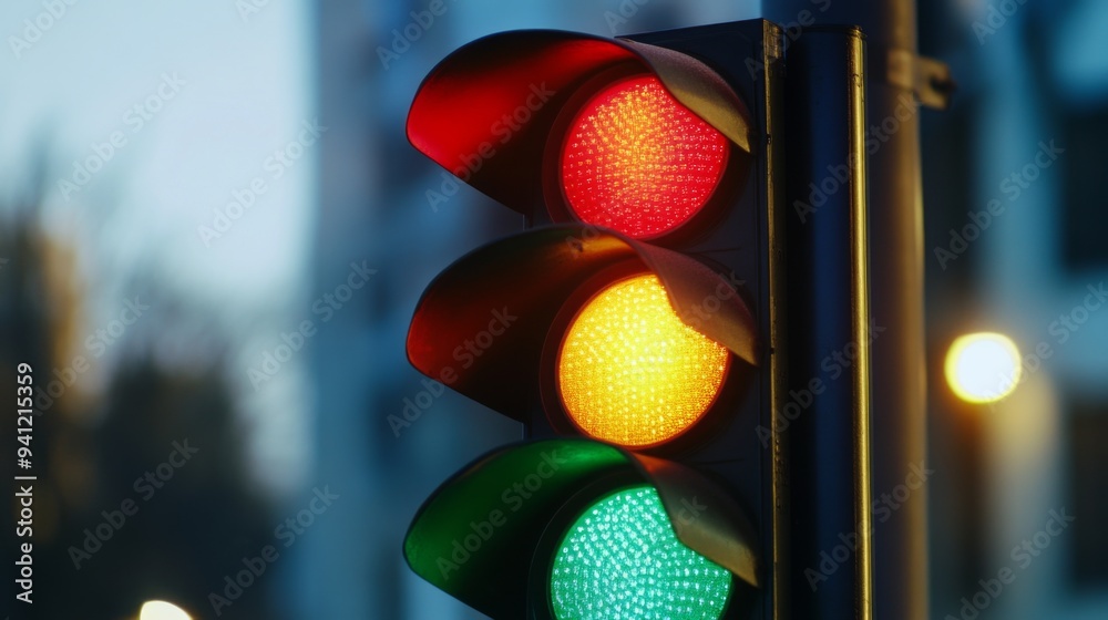 Poster a close-up view of a traffic light with red, yellow, and green lights visible, showing its role in r