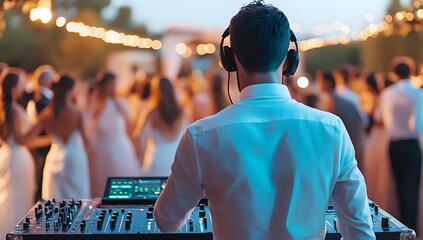 DJ Mixing Music at an Outdoor Event with a Crowd Dancing