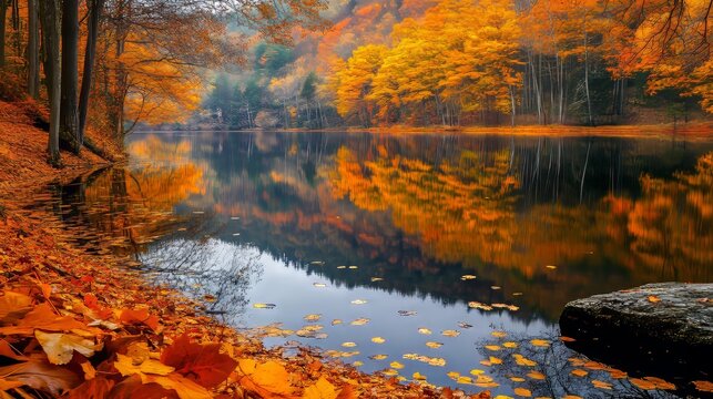 Golden leaves reflected in still lake waters create a serene autumn landscape.