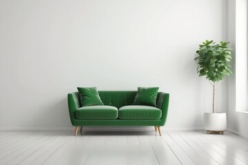 Green Velvet Sofa in a Modern White Living Room