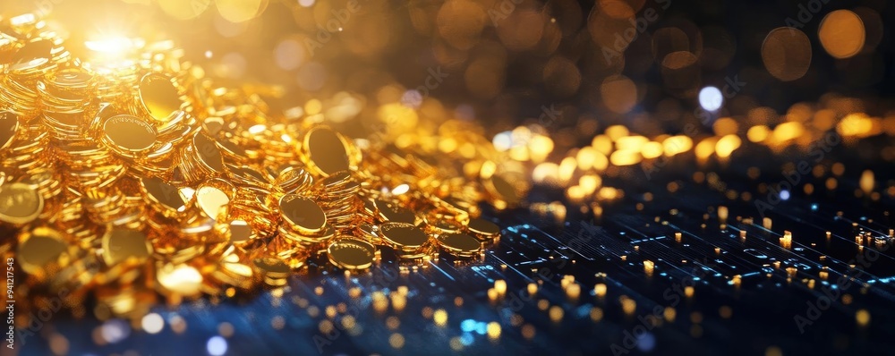 Poster a sparkling pile of gold coins reflecting light, creating a luxurious and rich atmosphere perfect fo