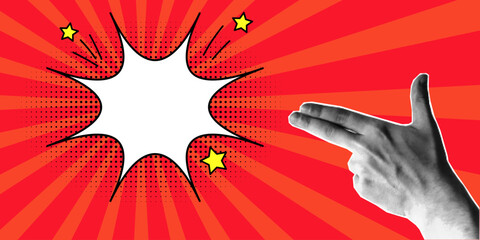 Template for retro pop art banner, speech bubble, explosion in a comic style, empty space for text. Halftone collage, hand gesture in the shape of a revolver, two fingers, arm, shoot.