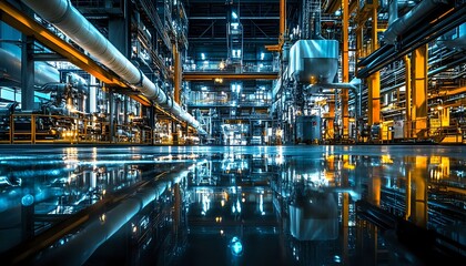 Fototapeta premium Industrial Facility with Complex Piping and Reflections in Puddles